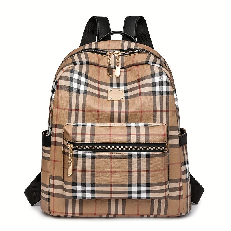 Vintage Plaid PU Material Women's Backpack With Adjustable Straps And Zipper Closure, Casual Style Large Capacity Travel School Bag