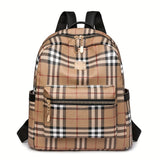 Vintage Plaid PU Material Women's Backpack With Adjustable Straps And Zipper Closure, Casual Style Large Capacity Travel School Bag