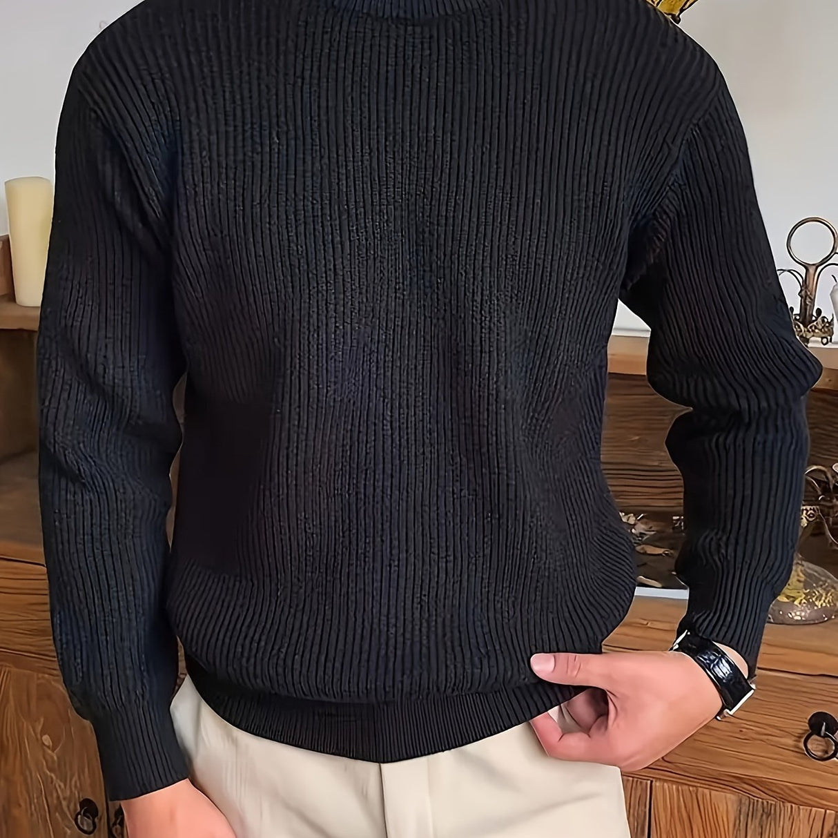 Cozy Solid Color Crew Neck Sweater for Men - Long Sleeve Pullover Tops for Spring and Fall - Soft, Breathable, and Versatile Casual Wear