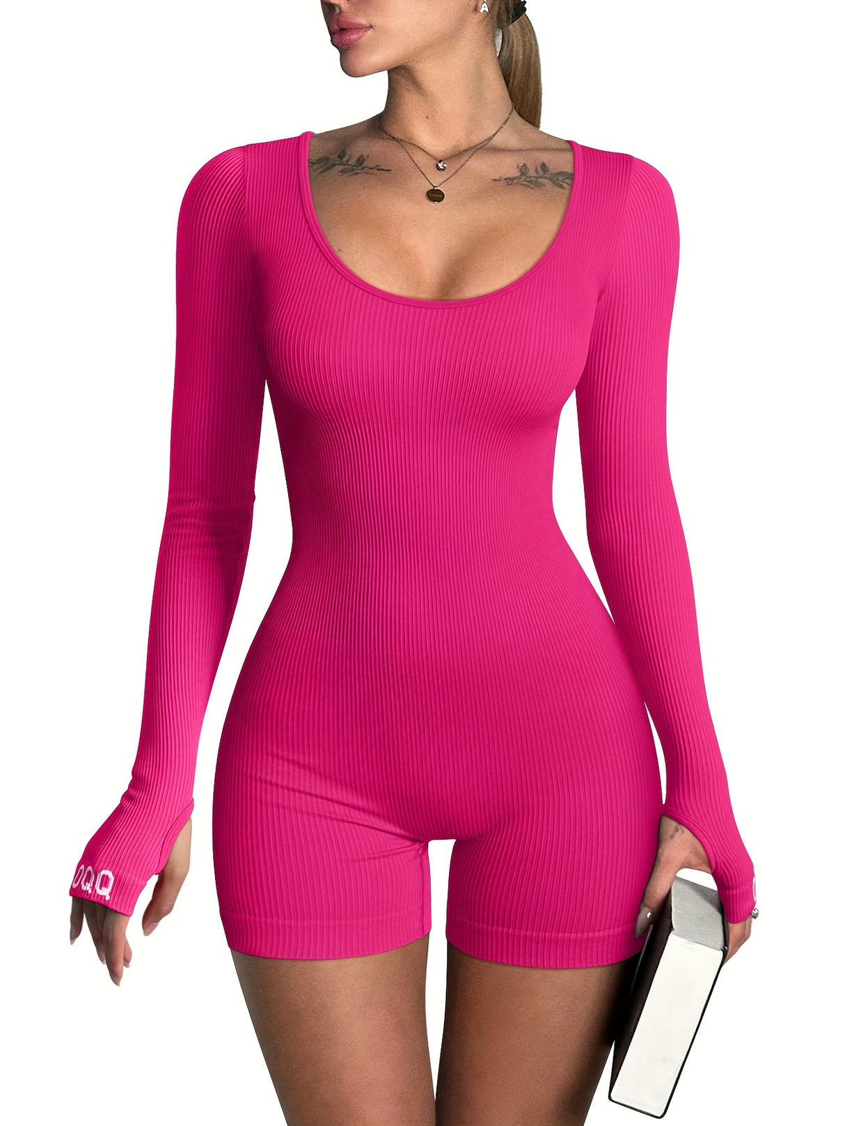 [Long Sleeve Workout Rompers] OQQ Women Yoga Rompers Ribbed Workout Long Sleeve Round Neck Exercise Jumpsuits Rompers