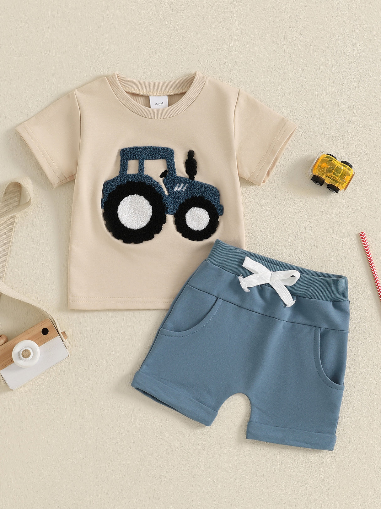 Toddler Boys Summer Outfits Truck Embroidered Round Neck Short Sleeve T-Shirts Elastic Waist Shorts 2pcs Clothes Set