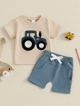 Toddler Boys Summer Outfits Truck Embroidered Round Neck Short Sleeve T-Shirts Elastic Waist Shorts 2pcs Clothes Set