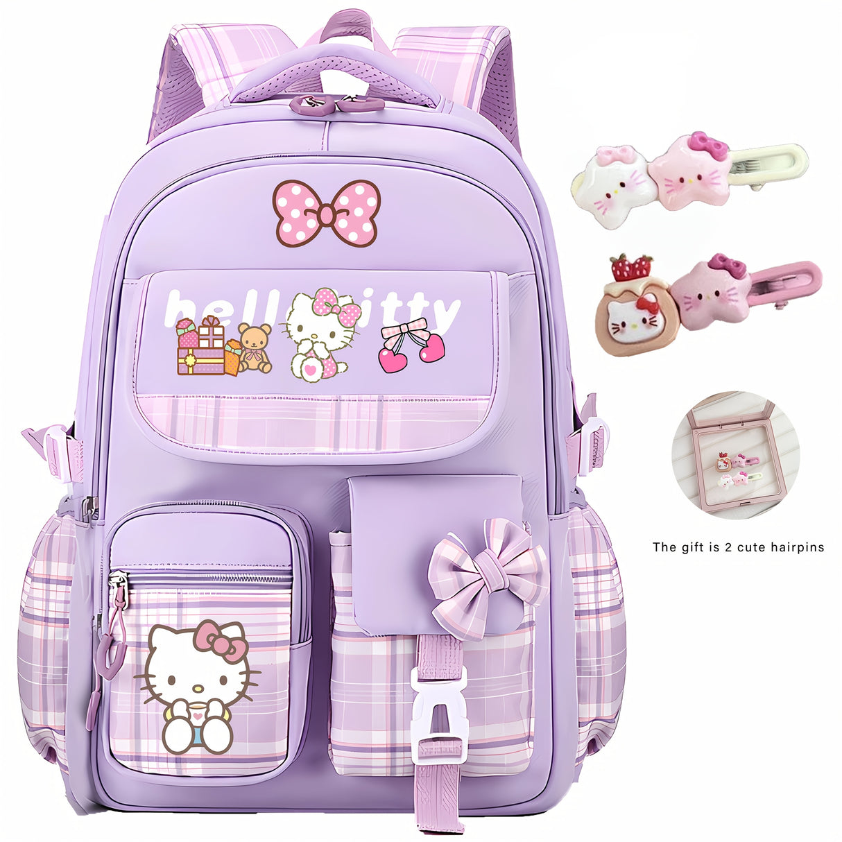 Sanrio Hello Kitty Backpack with 2 Free Hairpins - Large Capacity Laptop Backpack, Lightweight School Bag with Adjustable Straps & Zipper Closure, Cute Purple Plaid & Hello Kitty Prints, Gift for Girls, Birthday, Sanrio Fans