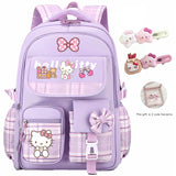 Sanrio Hello Kitty Backpack with 2 Free Hairpins - Large Capacity Laptop Backpack, Lightweight School Bag with Adjustable Straps & Zipper Closure, Cute Purple Plaid & Hello Kitty Prints, Gift for Girls, Birthday, Sanrio Fans