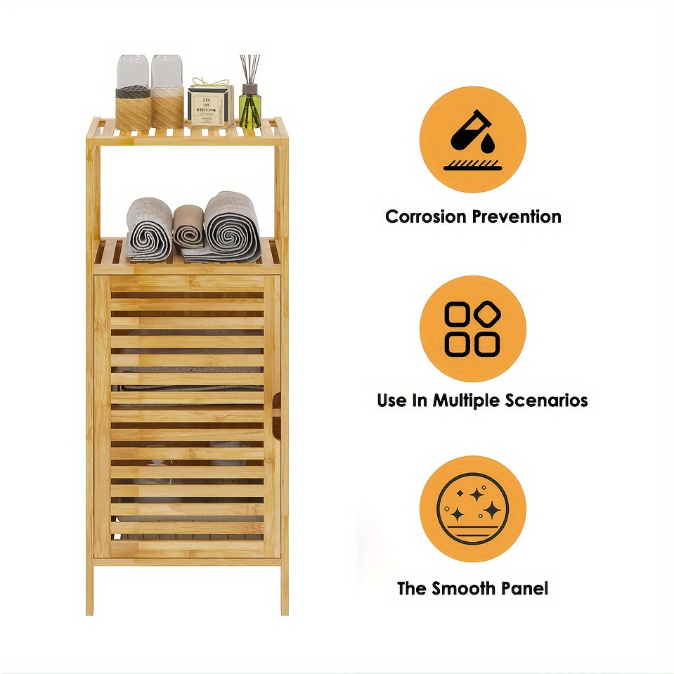 14.2 Inch SOGES Bamboo Bathroom Storage Cabinet - Floor Standing, Shutter Door, Multi-Shelf Organizer for Bathroom Essentials
