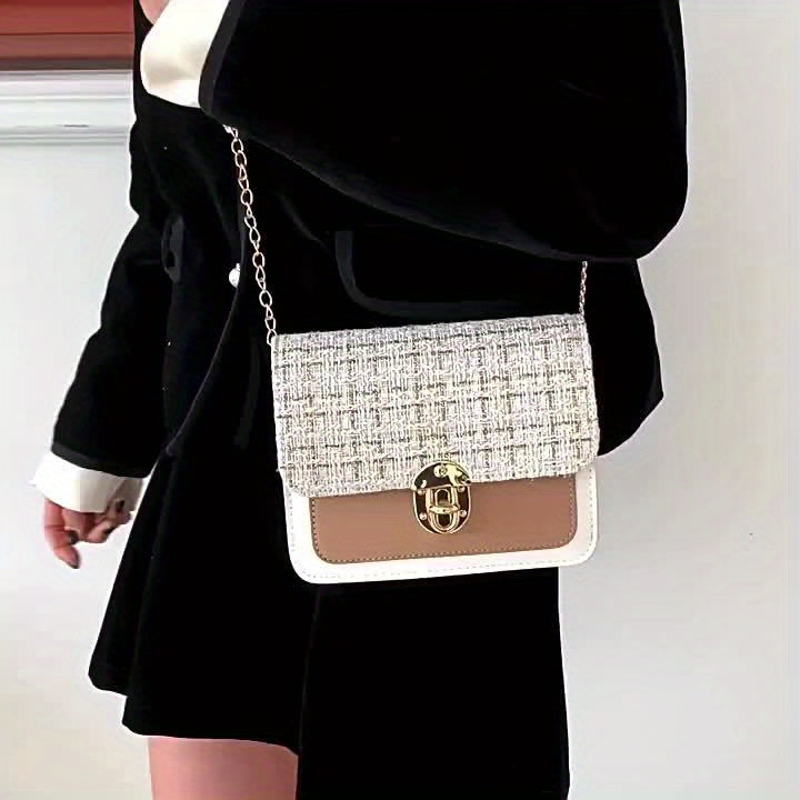 Fashion Tweed Chain Crossbody Bag, Mini Chain Square Purse, Trendy Turn Lock Shoulder Bag For Women