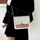 Fashion Tweed Chain Crossbody Bag, Mini Chain Square Purse, Trendy Turn Lock Shoulder Bag For Women