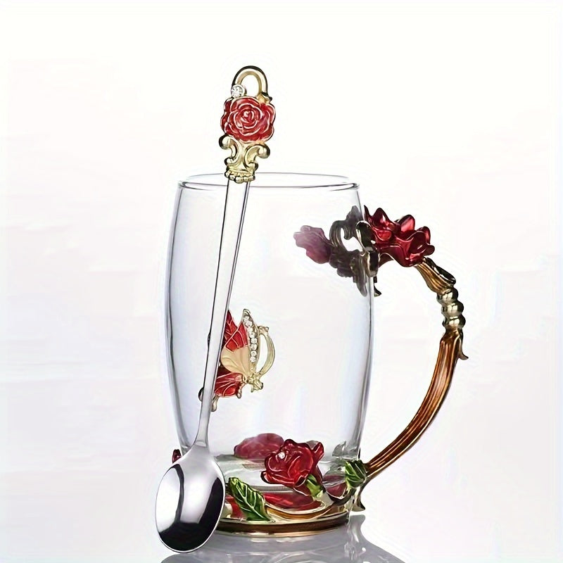 1pc, Exquisite Rose Enamel Butterfly Tea Cup - Heat Resistant, Clear Glass, Painted Flower Design, Elegant Coffee Mug, Tumbler, Ideal Breakfast Drinking Glass, Perfect Gift for Tea Lovers