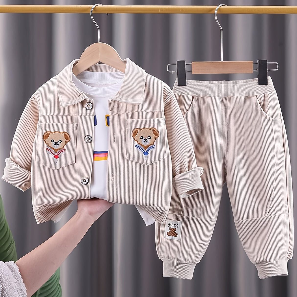 2pcs Toddler Boys Stylish Corduroy Outfit Set - Comfortable Casual Sportswear with Adorable Embroidered Bear Design, Complete Coat and Pants - Perfect for Spring and Autumn, Beige