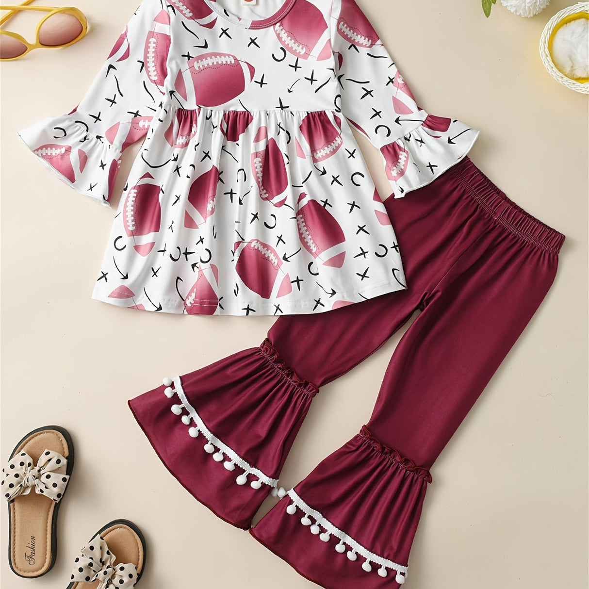 Girls' Cute 2-piece Outfits, Rugby Graphic Pullover & Flare Pants, Comfy Sets Kids Clothes For Spring Fall Christmas