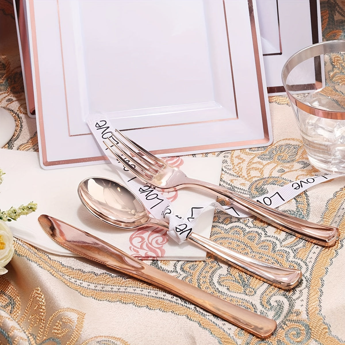 50Guest Rose Gold Plastic Plates with Disposable Plastic Silverware& Rose Gold Cups&Rose Gold Plastic Bowls&Hand Napkins-Plastic Dinnerware for Wedding&Parties