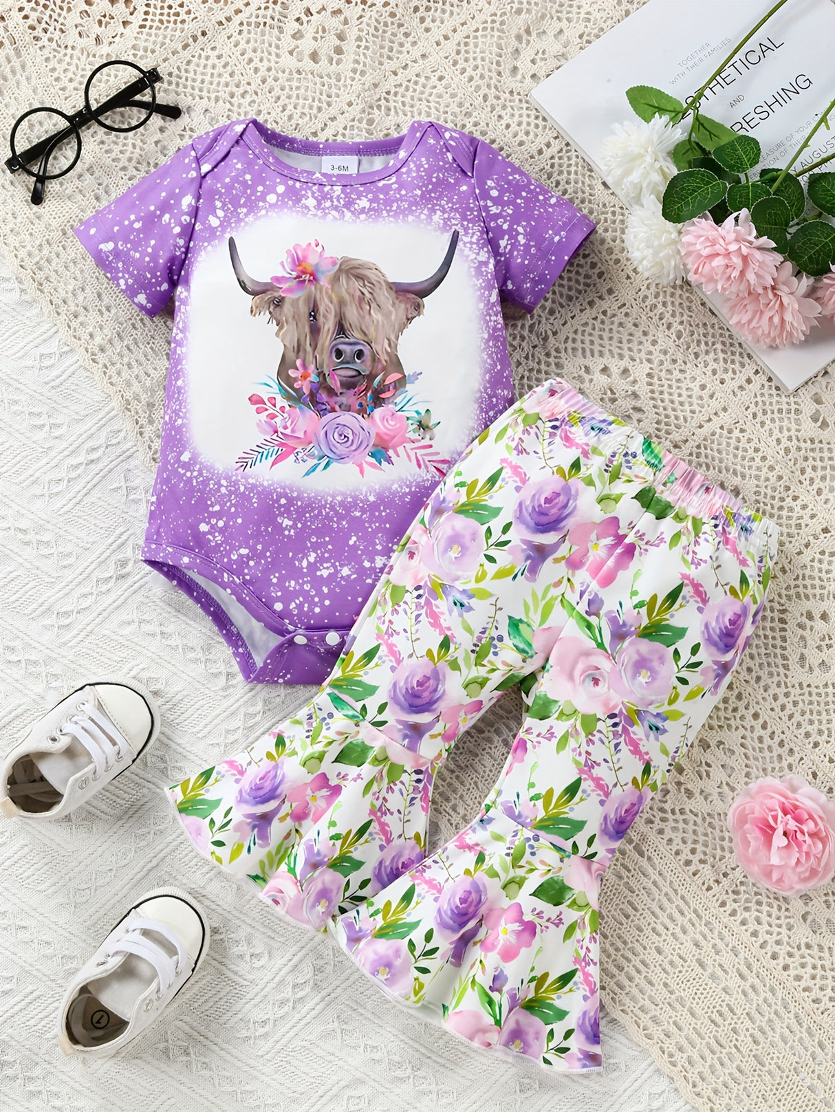 Adorable Baby Girl Romper Set - Cow Head Flower Short Sleeve Triangle Design, Long Flared Trousers with Vibrant Floral Print, Soft and Breathable Fabric, Comfortable Wear for Newborns