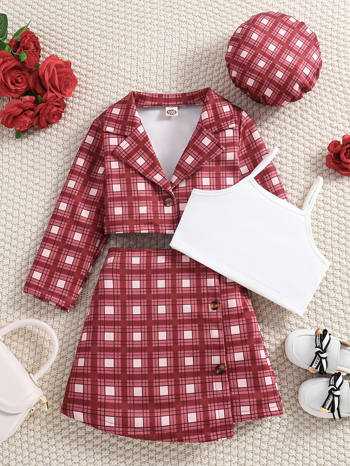 Girl's Trendy 4pcs, Long Sleeve Blazer & Beret Hat & Camisole & Skirt Set, Plaid Print Casual Outfits, Kids Clothes For Spring Summer