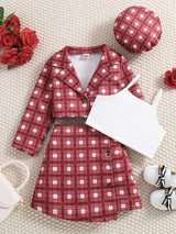 Girl's Trendy 4pcs, Long Sleeve Blazer & Beret Hat & Camisole & Skirt Set, Plaid Print Casual Outfits, Kids Clothes For Spring Summer