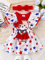 Baby Girl Newborn Romper with Red Head Knot, Short Sleeve, Star Print Bear Embroidery & Sling Skirt - Cotton Blend, Cute Style, Summer Wear, 0-18 Months, Perfect for Outdoor