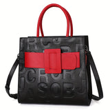 Luxury Genuine Leather Handbag, Letter Embossed Tote Bag, Elegant Shoulder Satchel Purse For Women