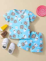Boys Cartoon Biscuit And Milk Outfit Shorts & T-shirt Short Sleeves Crew Neck Casual Summer Kids Clothes