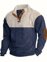 Retro Color Block Knitted Ribbed Sweater, Men's Casual Warm Mid Stretch Stand Collar Pullover Sweater For Men Fall Winter, Old Money Style