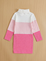 Girls Splicing Ribbed Knit Turtleneck Dress Kids Clothes Party Gift 3-8y