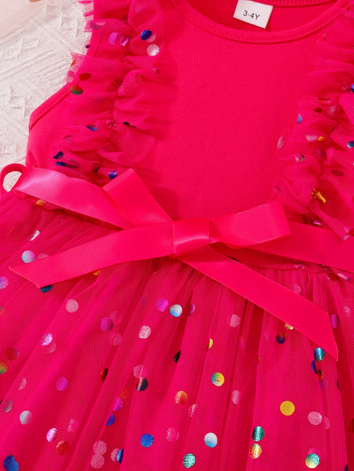 Vibrant Colorful Dot Pattern Flutter Sleeve Crew Neck Mesh Dress - Flowy Sleeves, Breathable Fabric, Matching Belt - Perfect Summer Gift for Little Girls and Princesses, Girls Clothing Collection