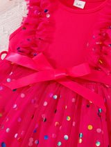 Vibrant Colorful Dot Pattern Flutter Sleeve Crew Neck Mesh Dress - Flowy Sleeves, Breathable Fabric, Matching Belt - Perfect Summer Gift for Little Girls and Princesses, Girls Clothing Collection