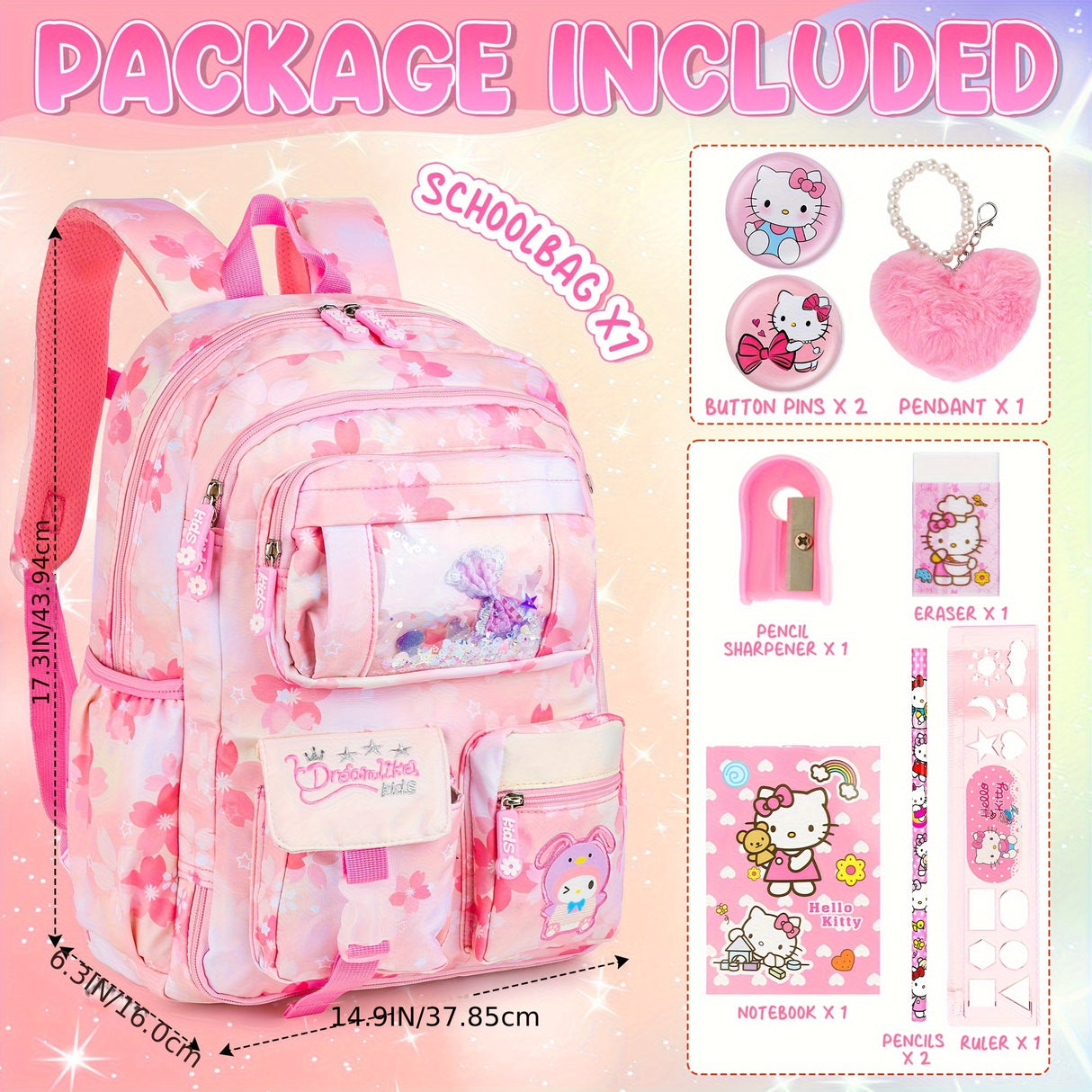 Girls' Hello Kitty Backpack/Duffel Bag - Pastel Pink School Bag with Zipper Closure, Large Capacity Travel luggage, Adjustable Shoulder Straps - Lightweight daypack for Girls, Birthday/Christmas/Holiday Gift for Anime Fans, O