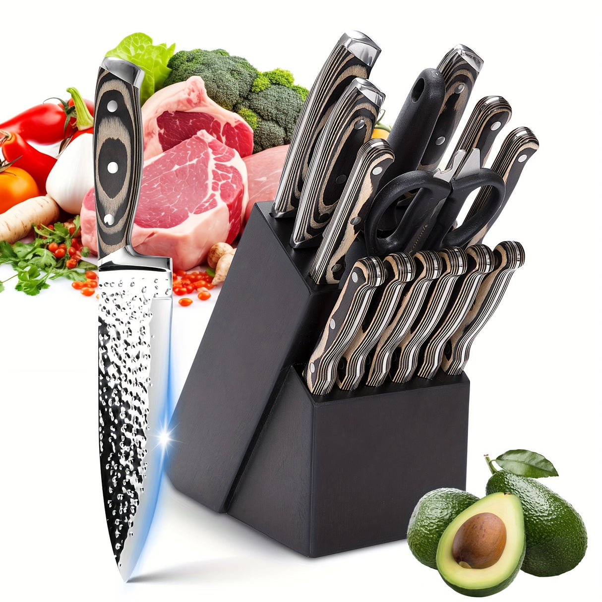 15-Piece Premium Kitchen Knife Set - Ultra Sharp High Carbon Japanese Stainless Steel Full-Tang Design with Irregular Hammer Pattern and Wooden Block Storage - Durable, Rust-Resistant, and Easy to Clean