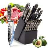 15-Piece Premium Kitchen Knife Set - Ultra Sharp High Carbon Japanese Stainless Steel Full-Tang Design with Irregular Hammer Pattern and Wooden Block Storage - Durable, Rust-Resistant, and Easy to Clean