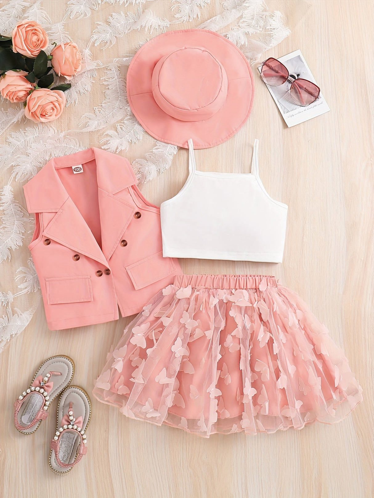 4-Piece Girl's Vest, Camisole, Hat, and Elastic Waist Skirt Set - Butterfly Mesh Decor, Cute Trendy Outfits for Summer, Breathable, Comfortable, and Adorable Kids Clothes for Little Princesses