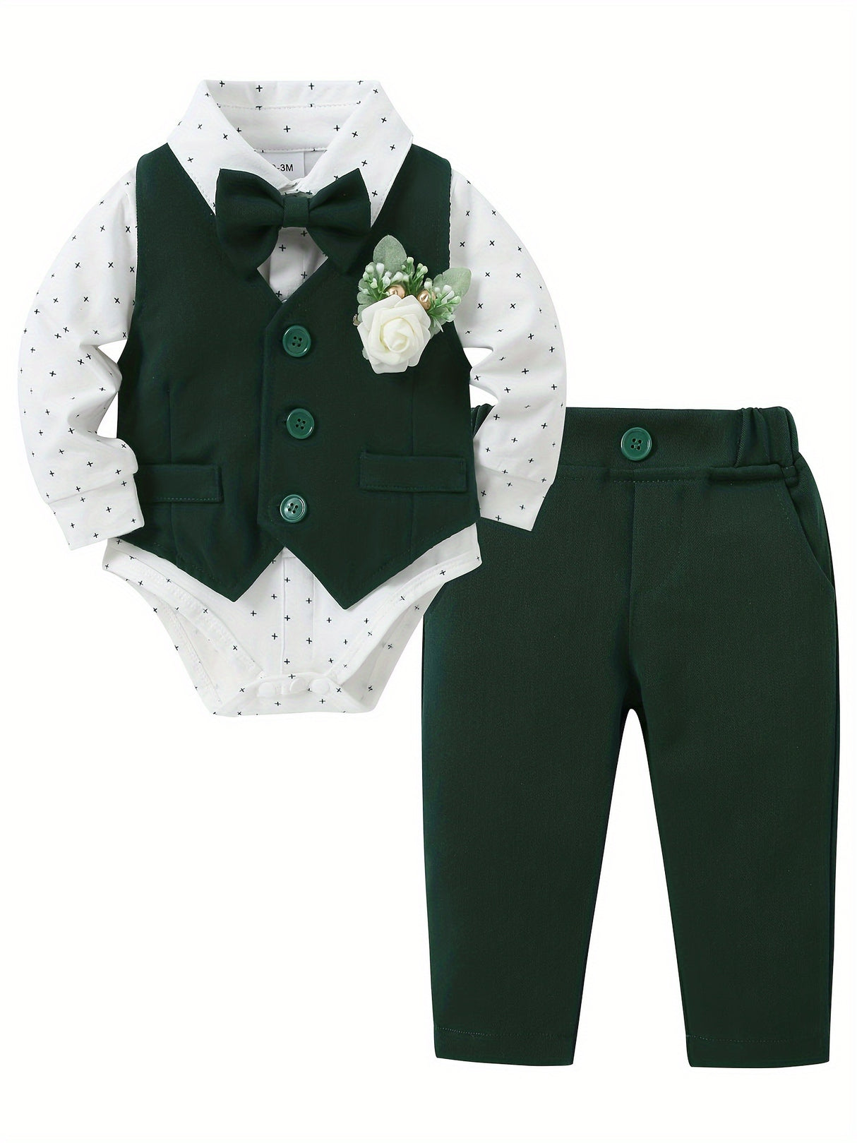 5 Pieces Baby Boy Long Sleeve Gentleman Suit Baby Boy Holiday Party Wedding Dress Suit One-piece Shirt, Vest, Trousers, Bowtie, Corsage 0-24M Soft And Comfortable Cotton Toddler Clothing