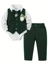 5 Pieces Baby Boy Long Sleeve Gentleman Suit Baby Boy Holiday Party Wedding Dress Suit One-piece Shirt, Vest, Trousers, Bowtie, Corsage 0-24M Soft And Comfortable Cotton Toddler Clothing