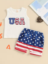 4th of July Toddler Boys Outfits Fuzzy Letter Embroidered Tank Tops and Stripe Stars Print Shorts 2pcs Clothes Set, Perfect for Outdoor