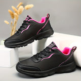 Women's Black Non-slip Sneakers, Casual Lace Up Faux Leather Running Shoes, Lightweight Outdoor Jogging Shoes