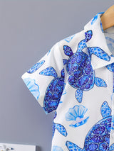 Hawaiian Holiday Turtle And Shell Print Boys Creative Shirt, Casual Short Sleeve Lapel Shirt Tops, Boys Clothes For Summer Outdoor