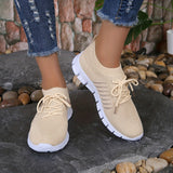 Womens All-Season Lace Up Knit Sneakers - Breathable Mesh Upper, Comfortable Fabric Insole, EVA Sole, Versatile Solid Color Running Shoes for Casual Wear