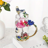 1pc, Exquisite Rose Enamel Butterfly Tea Cup - Heat Resistant, Clear Glass, Painted Flower Design, Elegant Coffee Mug, Tumbler, Ideal Breakfast Drinking Glass, Perfect Gift for Tea Lovers