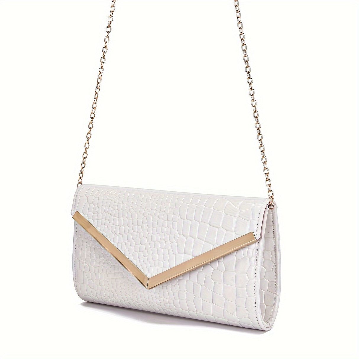 Women's Elegant Envelope Clutch Bag With Detachable Chain Strap, Faux Leather Crocodile Pattern, Metal V-Bar Flap, Daily Shoulder Crossbody Purse