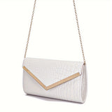 Women's Elegant Envelope Clutch Bag With Detachable Chain Strap, Faux Leather Crocodile Pattern, Metal V-Bar Flap, Daily Shoulder Crossbody Purse