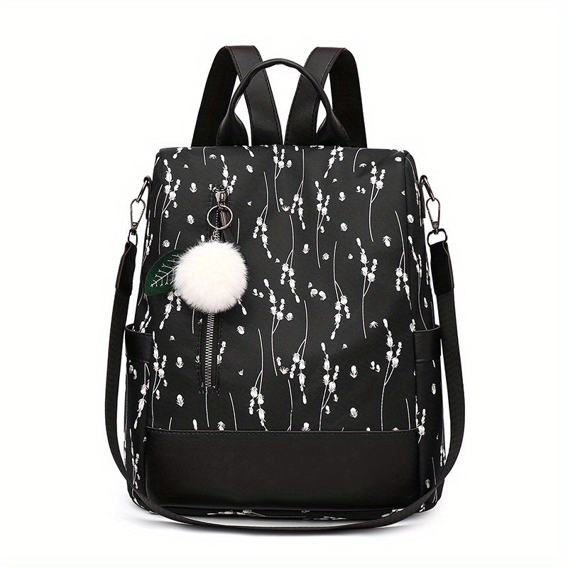 Pompom Decor Anti-Theft Travel Backpack Purse For Women - Floral Print Shoulder Bag - School Bag