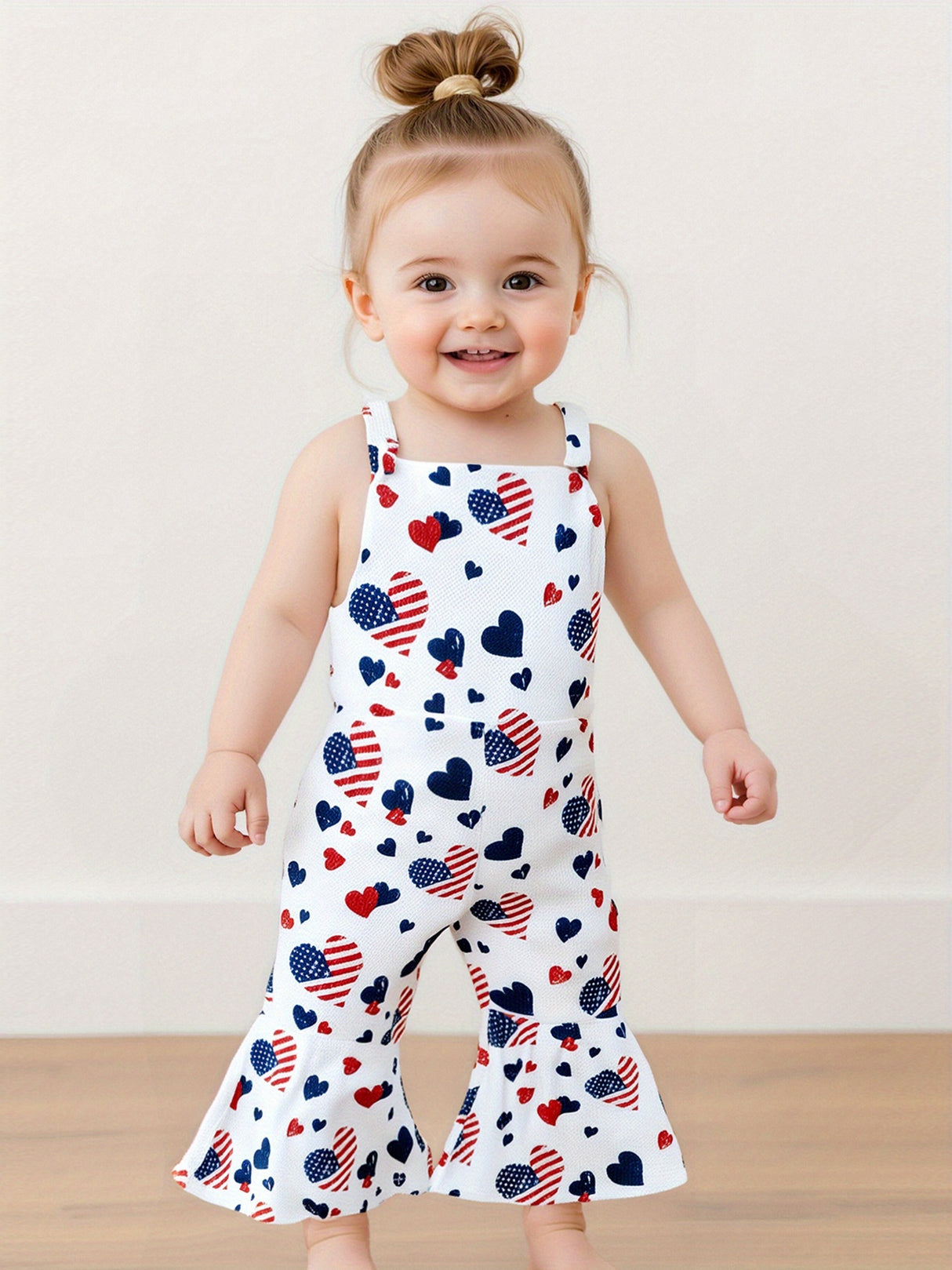 Patriotic Heart Print Flared Overalls for Little Girls – Sleeveless Suspender Pants with Twist Detail, Perfect for 4th of July & Independence Day Celebrations, Navy Blue with Red & White Hearts, Summer Casual Wear, Perfect