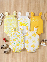 5pcs Baby Girls' Summer Rompers | Cute Fruit & Floral Print with Ruffled Straps | Soft Knit Fabric, Elastane & Polyester Blend | Button Closure | Multi-Color Pastel Yellow & White | Ideal for Playful Infants, Baby Girl Clothe