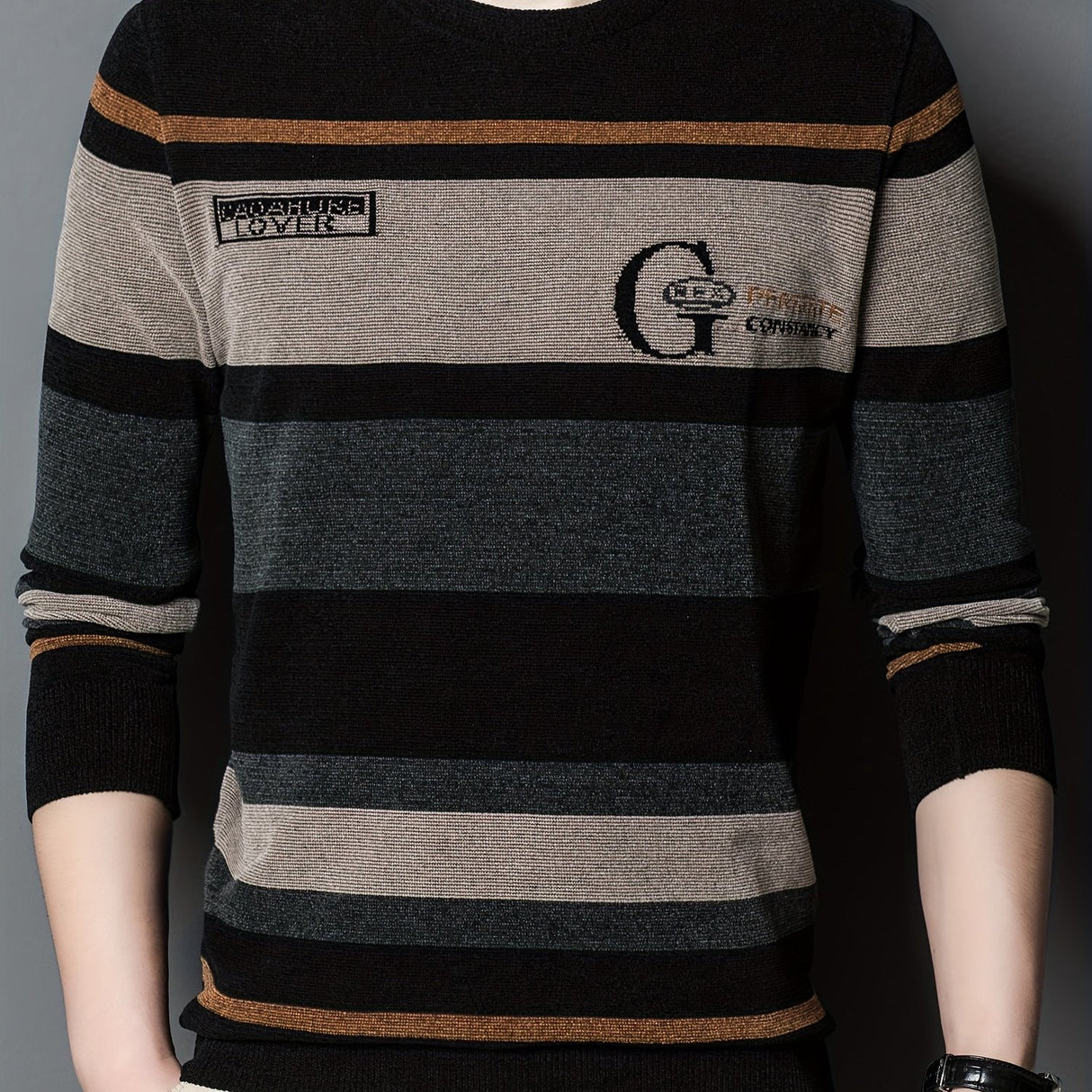 All Match Knitted Color Block Sweater, Men's Casual Warm High Stretch Crew Neck Pullover Sweater For Men Fall Winter