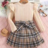 Girls 2pcs Ruffle Trim Long Sleeve Top + Plaid Skirt With Bow Belt Kids Clothes Spring Fall Gift