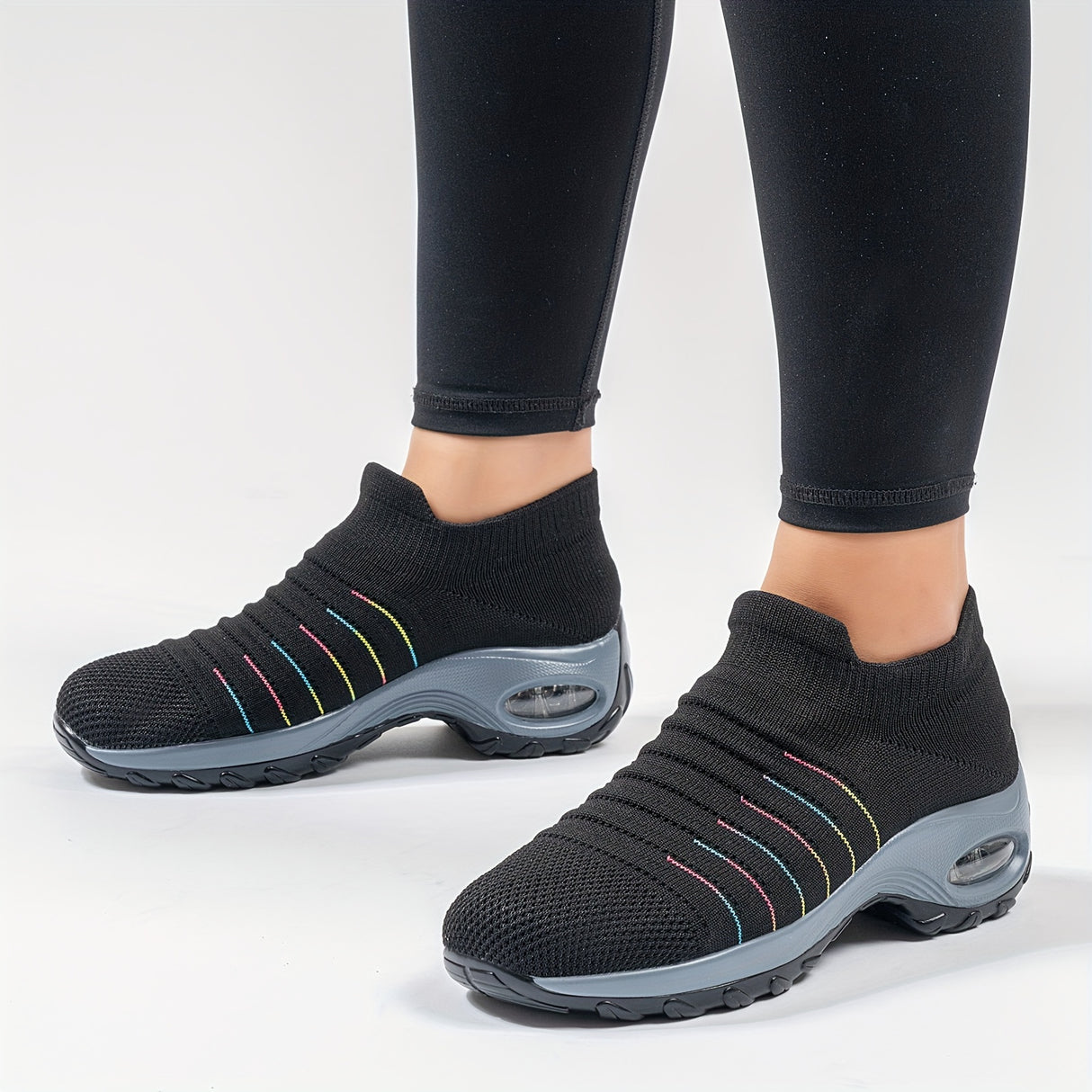 SOSENFER Women's 2089 Breathable Knit Running Shoes - Low-Top Slip-On Design, All-Season Comfort with PU Cushioned Sole for Gym, Jogging & Casual Wear (Black/White)