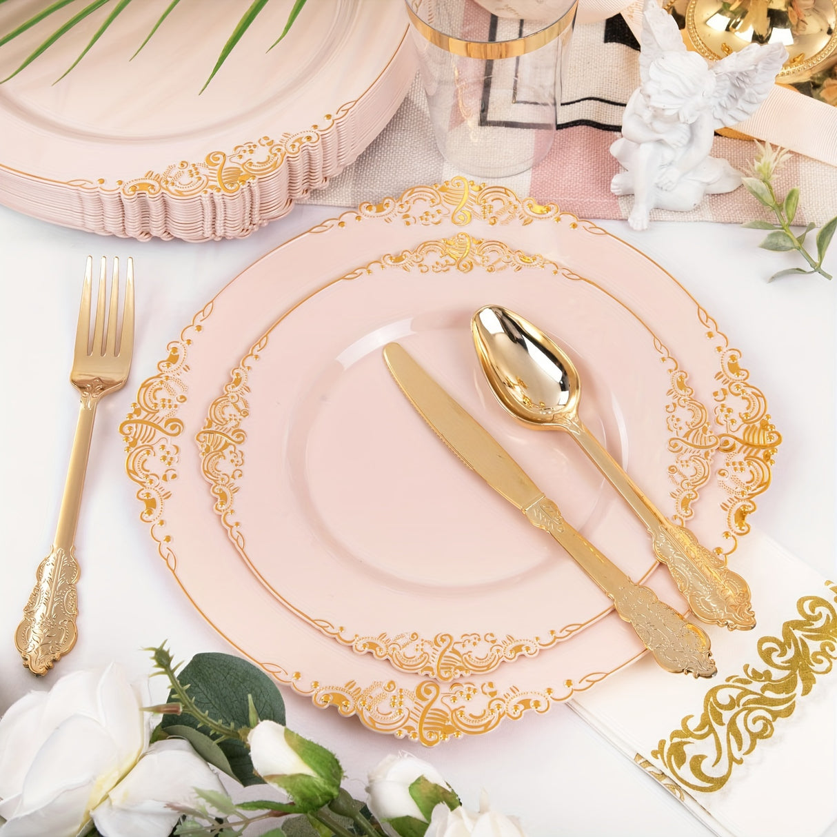 350PCS Pink and Golden Plastic Plates - Pink Plastic Dinnerware Sets for 50 Guests - 100 Pink Disposable Plates, 150 Golden Plastic Silverware, 50 Cups, 50 Napkins for Wedding & Mother's Day