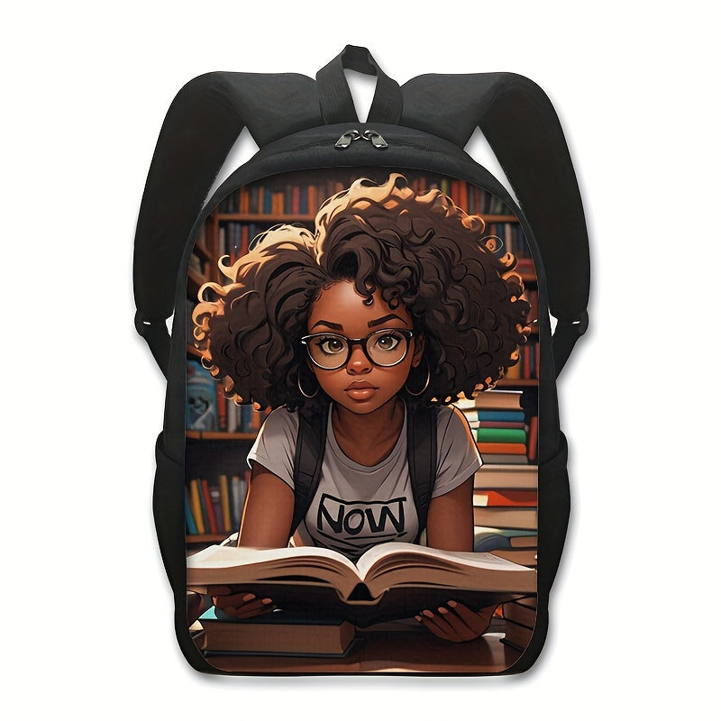 Chic Afro Girl Reading Nook Print Backpack - Lightweight, Durable Polyester School Bag with Detachable Straps for Teens & Students