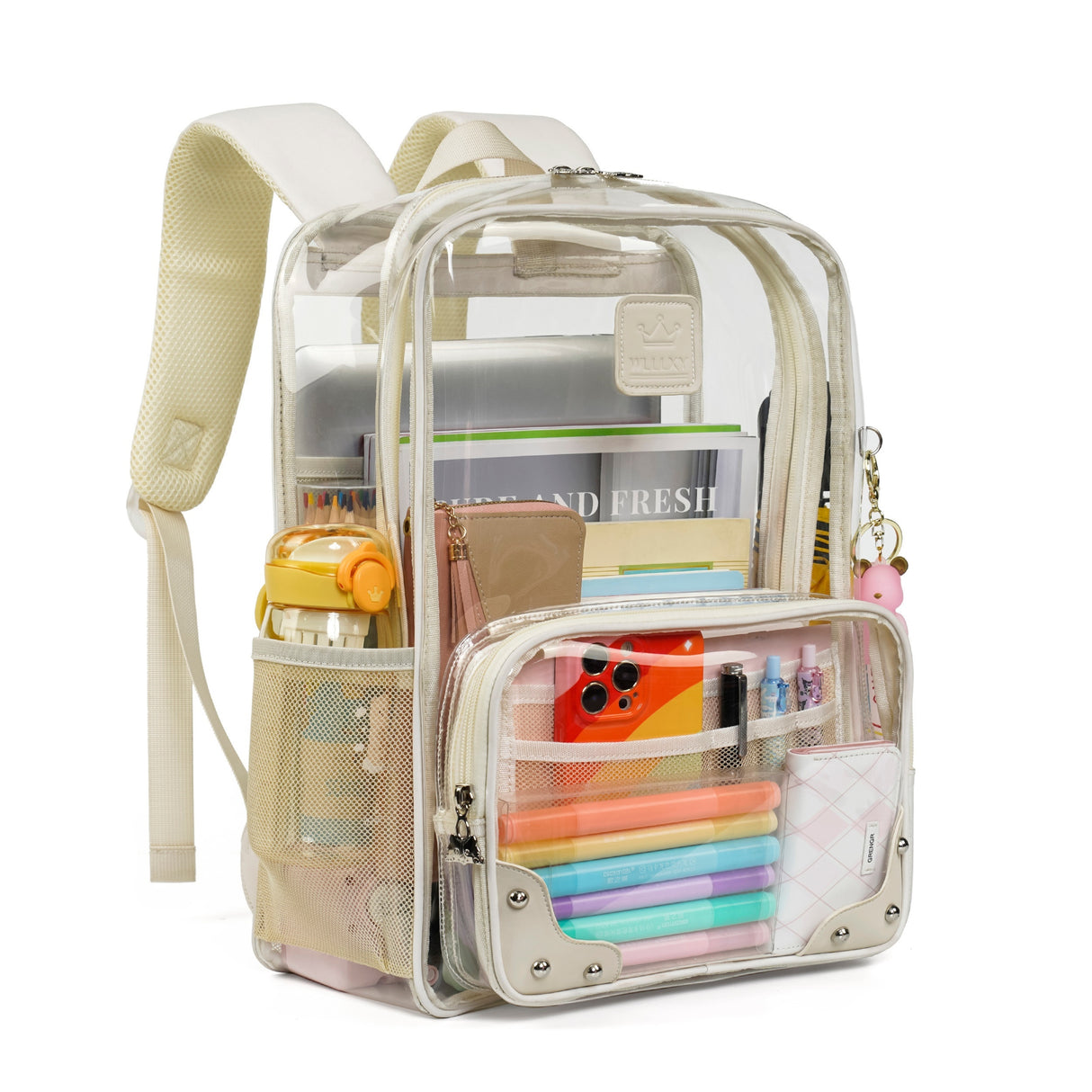 Clear Backpack for Women Men Stadium Events TPU Transparent Travel Backpacks Large Laptop College Bookbags Kids Elementary School Bag for Girls Boys Teens Student Causal Daypack-Beige