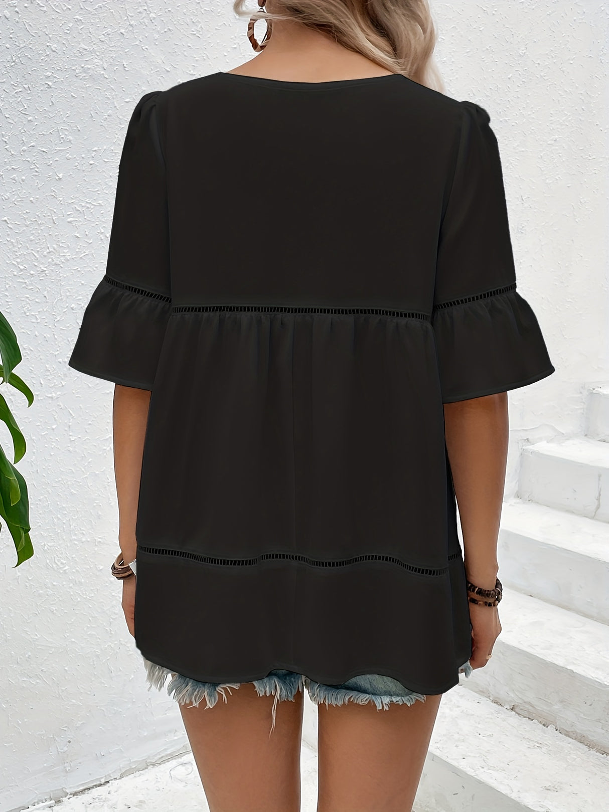 Solid Ruffle Trim Blouse, Vacation Cut Out Crew Neck Summer Blouse, Women's Clothing