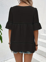 Solid Ruffle Trim Blouse, Vacation Cut Out Crew Neck Summer Blouse, Women's Clothing