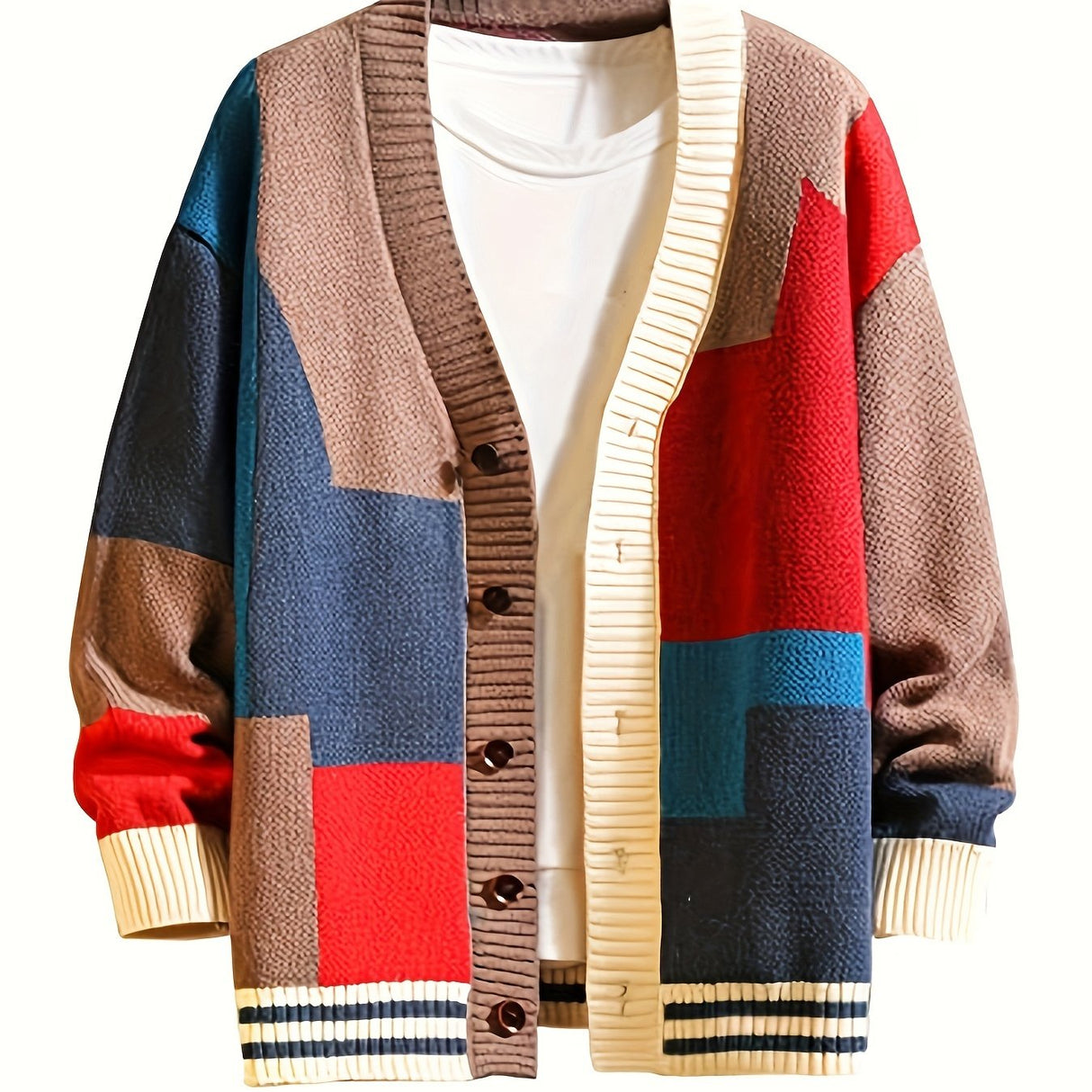 Spring & Autumn Color Spliced Knit Cardigan Sweater for Men & Women - V-Neck Casual Sweater